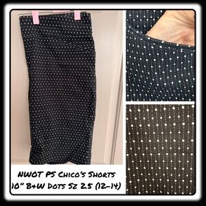 NWOT Chicos Black & White dots 10” inseam flat front 2.5 (equiv 12-14)